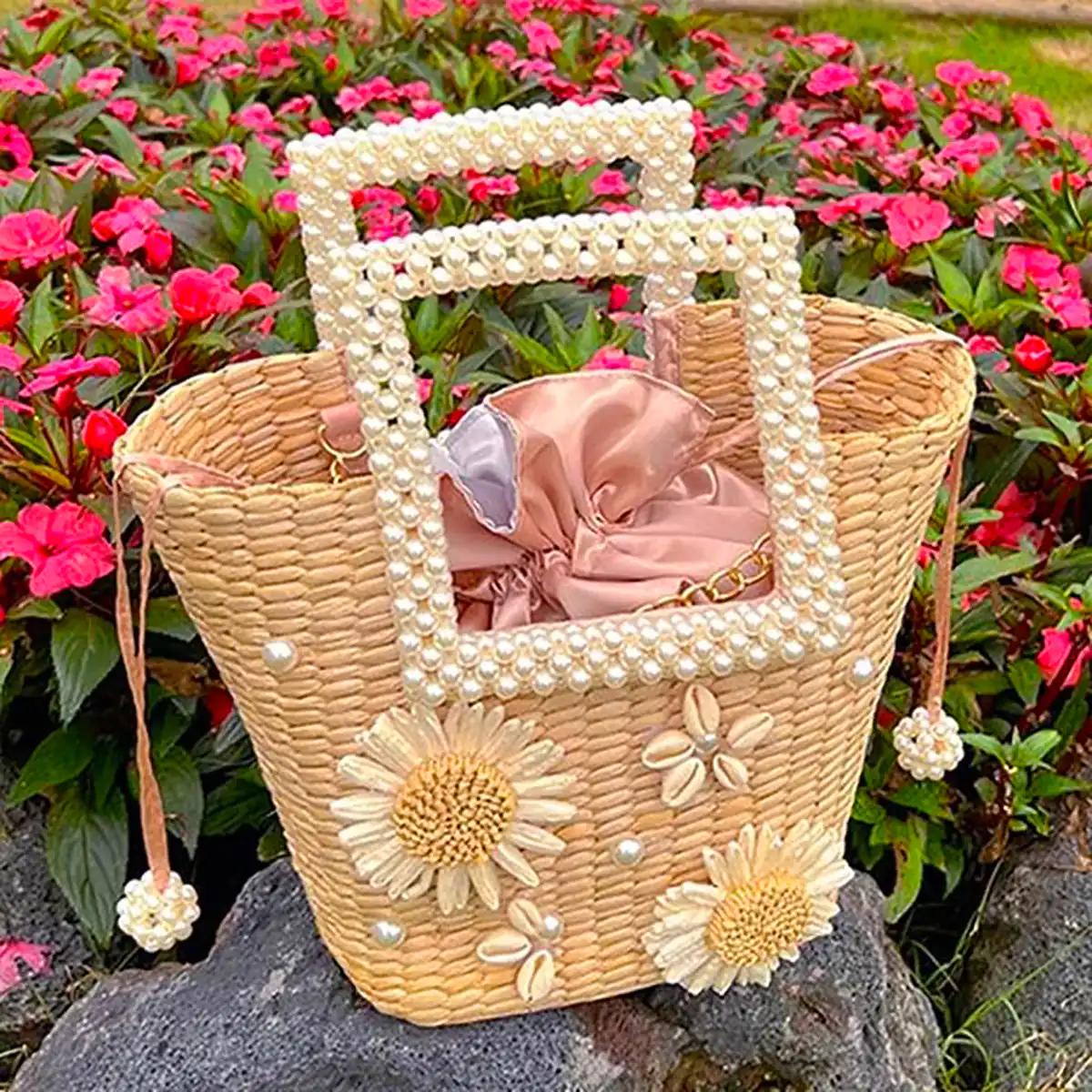 کیف ساحلی حصیری گل برجسته